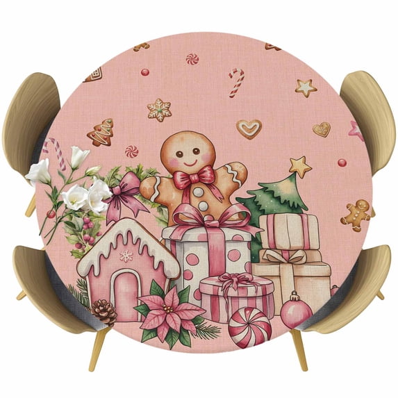 Pink Gingerbread Christmas Round Tablecloth, Fitted Table Cover with Elastic for 36"-44" Round Tables, Xmas Tree Gift House Star Table Cloth Outdoor Indoor Dinning Party Waterproof Tablecloths