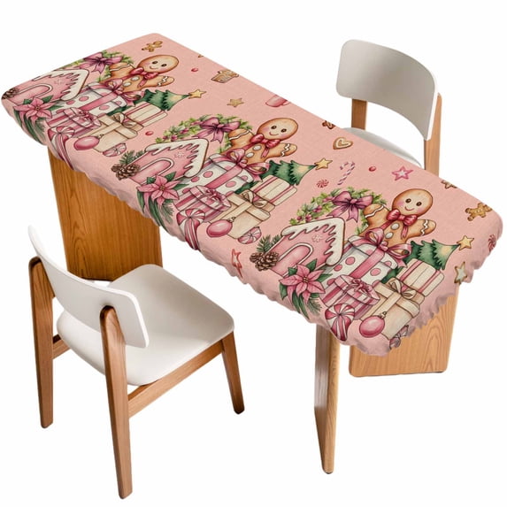Pink Gingerbread Christmas Table Cloths for 8 Foot Rectangle Tables, Xmas Tree Gift House Star Patio Waterproof Elastic Fitted Tablecloths, Washable Rectangular Table Cover for Camping