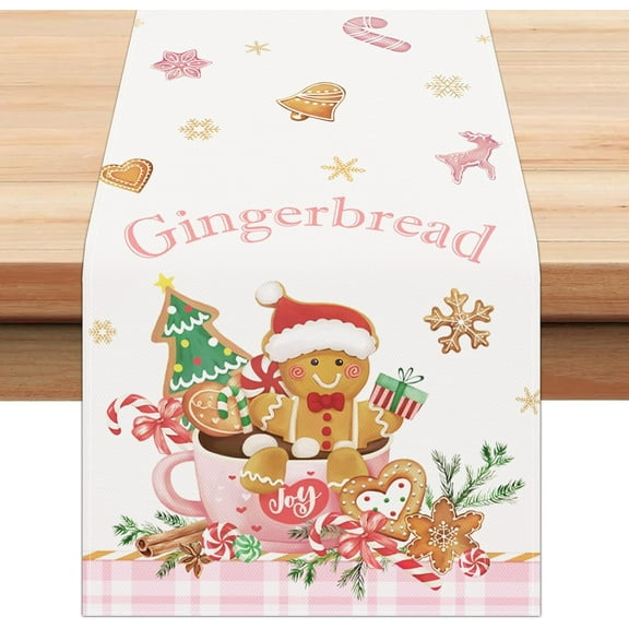 Pink Gingerbread Christmas Table Runner, Candy Cane Seasonal Winter Xmas Holiday Table Runner for Kitchen Home Decor, 13x72 Inch Gingerbread Man Sweet Christmas Table Decor