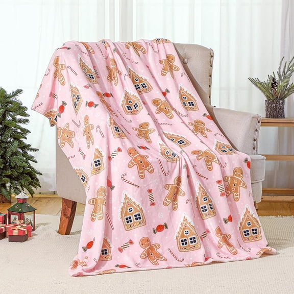 Pink Gingerbread Christmas Throw Blanket Lightweight Soft Flannel for Couch Sofa Bed Decor, Ideal Gifts for Kids Adults