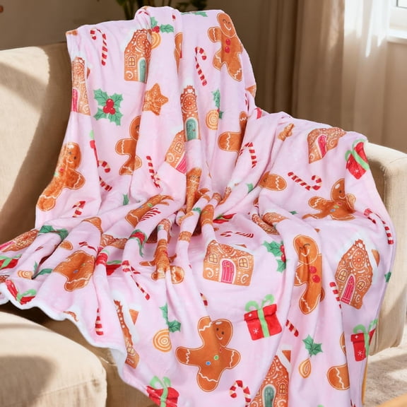 Pink Gingerbread Christmas Throw Blanket, Soft Lightweight Candy Cane Xmas Flannel Blanket for Winter Holiday Couch Sofa Bed Chair Living Rooms Home Decor Gifts 50 x 60 Inch