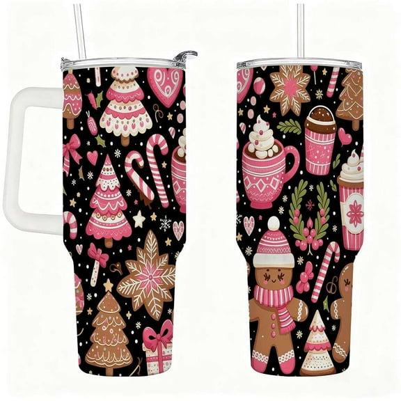 Pink Gingerbread Christmas Tumbler with Lid and Straw, Holiday Cookies & Candy Cane Insulated Travel Cup