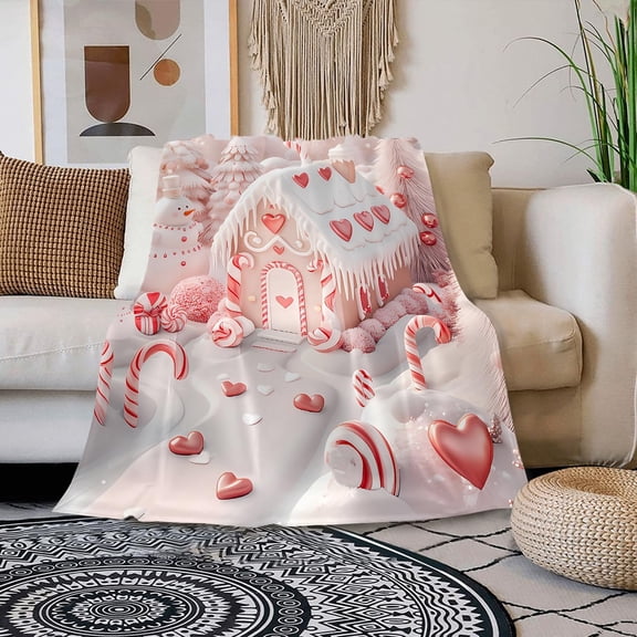 Pink Gingerbread House Candy Cane Heart Christmas Throw Blanket