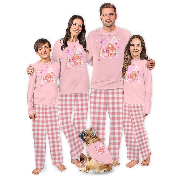 Pink Gingerbread House Matching Family Christmas Pajamas With Dog, Pink Plaid Holiday PJs, Plus Sizes, With Pockets