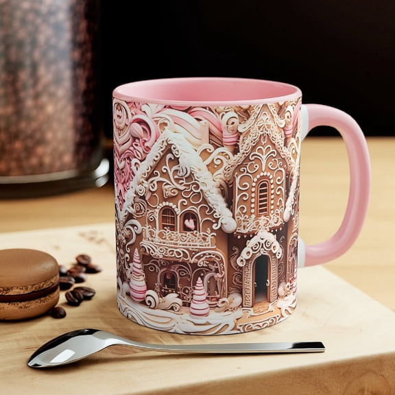 Pink Gingerbread House Mug Candy Cottage Christmas Coffee Cup Whimsical Peppermint Holiday Tea Mug
