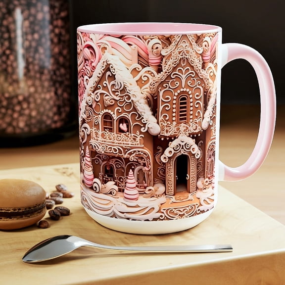 Pink Gingerbread House Mug Whimsical Candy Cottage Coffee Cup Holiday Hot Cocoa Ceramic