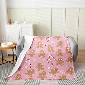 Pink Gingerbread Man and Candy Cane Pattern Throw Blanket Soft Plush Fleece for Holiday Home Decor
