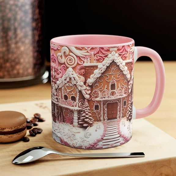 Pink Gingerbread Mug Whimsical Holiday Coffee Cup Christmas Ceramic Drinkware