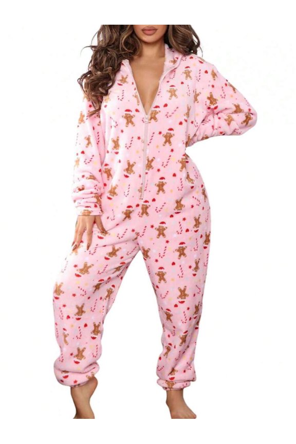 Pink Gingerbread Print Fleece One-Piece Hooded Jumpsuit With Front Zipper Holiday Sleepwear