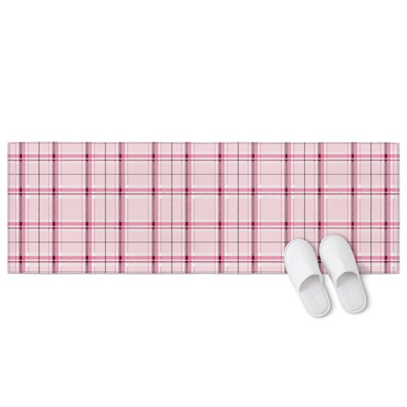 Pink Gingham 2 Pieces Non-Slip Kitchen Mat Set, Country Pastoral Black Pink Stripe Plaid Checkered Soft Door Mat with Rubber Backing, Dirtproof Rugs for Entrance Doorway, 23.6 x 70.9in