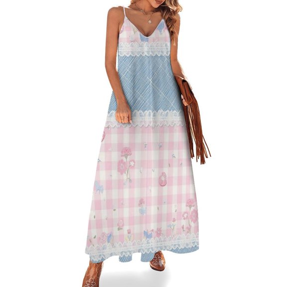 Pink Gingham And Blue Plaid Pattern Sleeveless Suspender Dress Summer Fashion Casual Long Dress