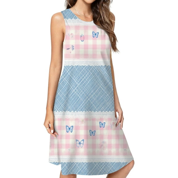 Pink Gingham And Blue Plaid Pattern Spring Summer Dresses For Women Fashion Dress Casual Sleeveless Loose Sundress With Pockets