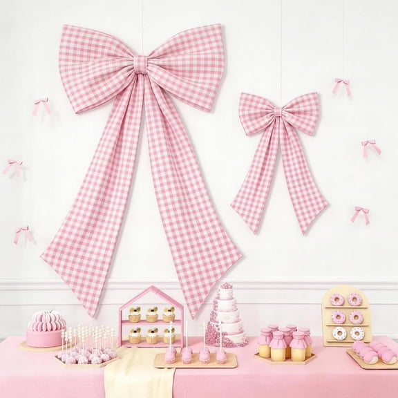 Pink Gingham Bow Party Decor, Plaid Check Bow Wall Hanging Ornament for Backdrop Dessert Table Birthday Bridal Shower Decor