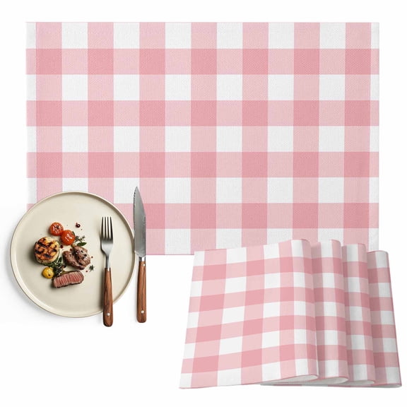 Pink Gingham Buffalo Check Placemats Set of 8, Pink White Table Mats Washable Heat-Resistant Non-Slip Place Mats for Kitchen Dinner Table Indoor Outdoor Decor,13x19 Inch