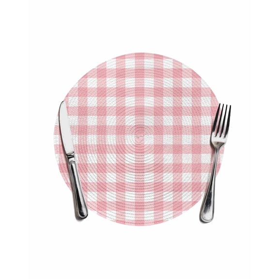 Pink Gingham Buffalo Check Round Table Placemats 1 pc, Pink White Plaid Washable Woven Place Mats for Dining Tables Kitchen Party Decor,Heat Proof, 13in,