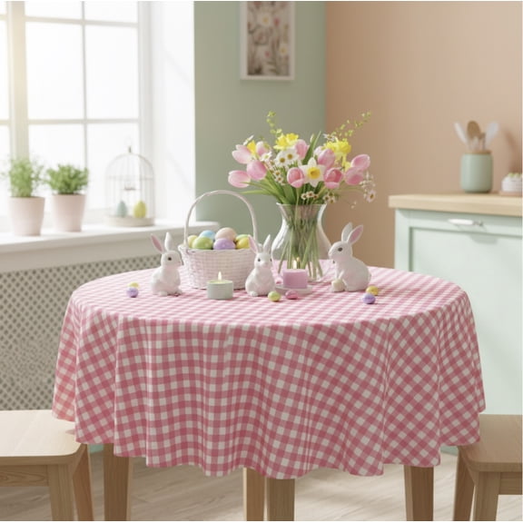 Serafina Home Pink Gingham Checkered Flannel Backed Vinyl Tablecloth for Spring Summer Birthday Parties Easter Mother's Day Indoor Outdoor Fun (60" Round)