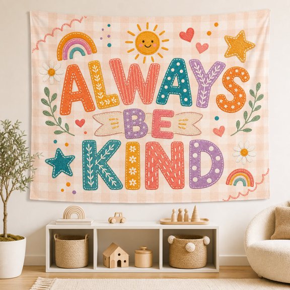 Pink Gingham Classroom Tapestry: Always Be Kind Wall Hanging, Colorful Stars Hearts
