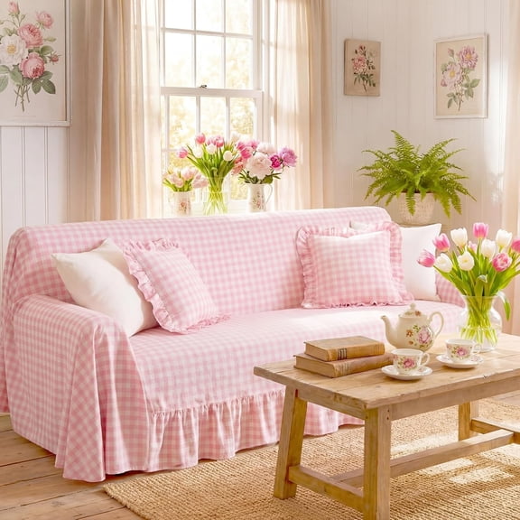 Pink Gingham Couch Cover with Ruffle Farmhouse Sofa Slipcover One Piece Cotton Sofa Cover for 3 Seat Washable French Country Living Room Decor (118" w X 71" h)