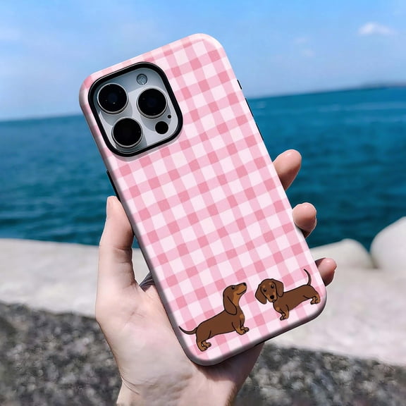 Pink Gingham Dachshund Cute Wiener Dog Tough Phone Case, Dual-Layer Protective Cover for iPhone