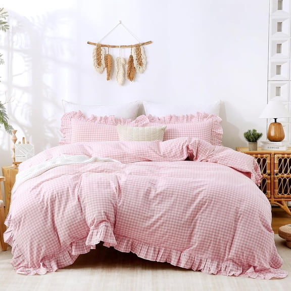 Pink Gingham Duvet Cover Bedding Set 100% Washed Cotton Like Linen Texture Soft Breathable 3 Piece Plaid Checkered Cute Ruffle Comforter Cover Set (Twin 68"x90", Comforter Not Included)