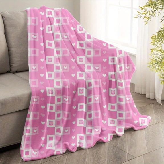 Pink Gingham Heart Pattern Flannel Fleece Blanket, Warm Breathable All Season Throw, Cute Decorative Blanket for Couch Sofa Bed, Perfect Valentine's Gift, 50×60/60×80inch