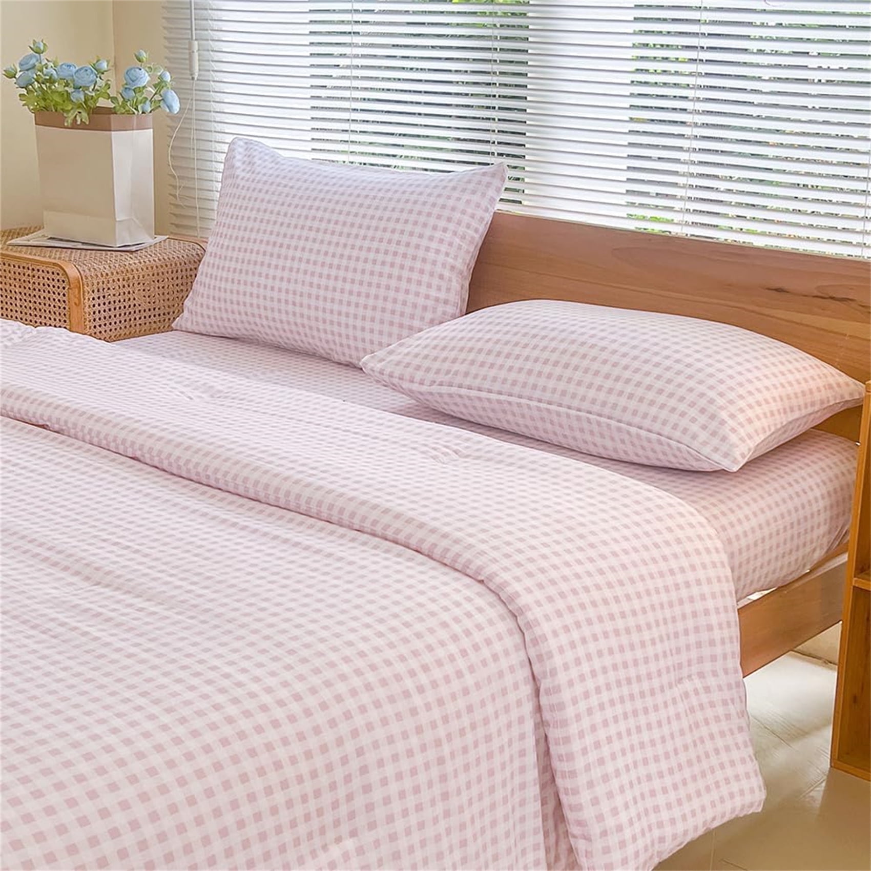 Pink Gingham King Comforter Set, Pink Plaid Bedding Set, Checked Bed Comforter 3 Pieces(Pink Gingham, King)