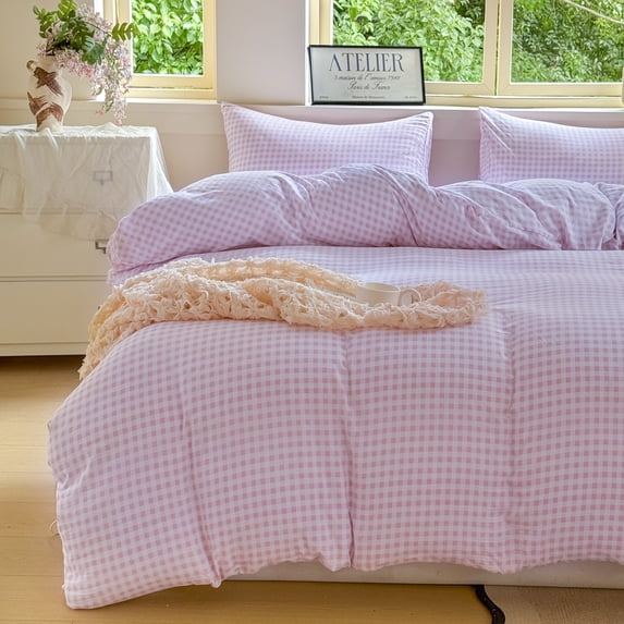 Pink Gingham King Duvet Cover Set, Pink Plaid Comforter Cover Set, 3 Pieces Checked Bedding Set (Pink Gingham, King)
