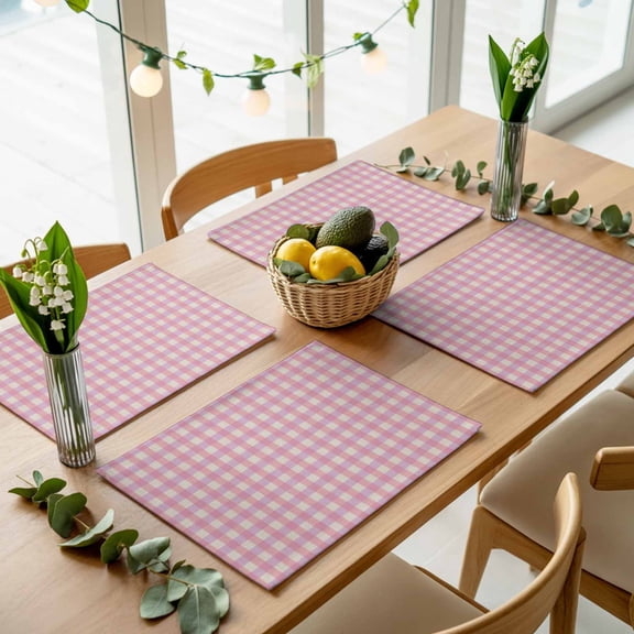 Pink Gingham on Linen Placemats Set of 4,Wipeable Washable Table Mats for Dining Tables, Modern Plaid Lattice Place Mats for Kitchen Event Party Tabletop Decor