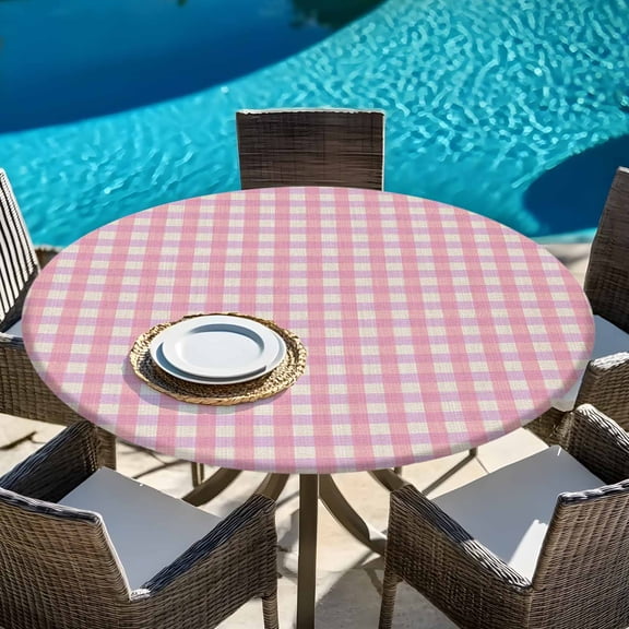 Pink Gingham on Linen Round Fitted Tablecloth with Elastic Edge,Waterproof Table Cloth Fits Tables Up to 45"-54",Wipeable Washable Table Cover for Indoor Outdoor Dinning Party,Modern Plaid Lattice