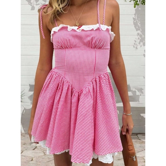 Pink Gingham Mini Cami Dress With White Ruffle Trim And Tie-Up Spaghetti Straps A-Line Style