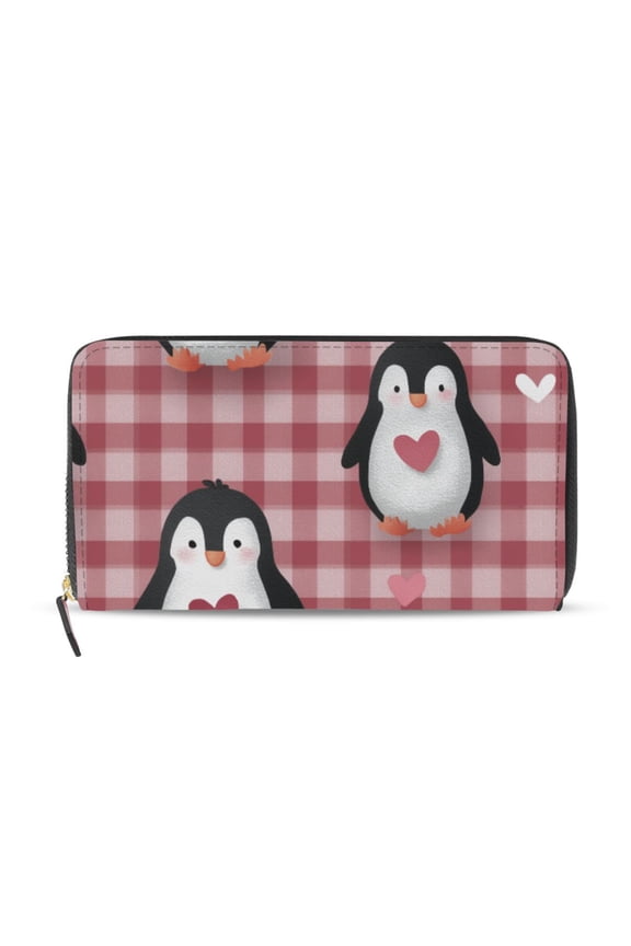 Pink Gingham Penguins with Hearts Valentine Women's Long Zipper Wallet Bifold Clutch Purse PU Leather Card Cases