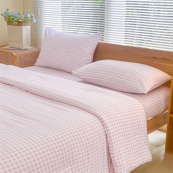 Pink Gingham Queen Comforter Set, Pink Plaid Bedding Set, Checked Bed Comforter 3 Pieces(Pink Gingham, Queen)