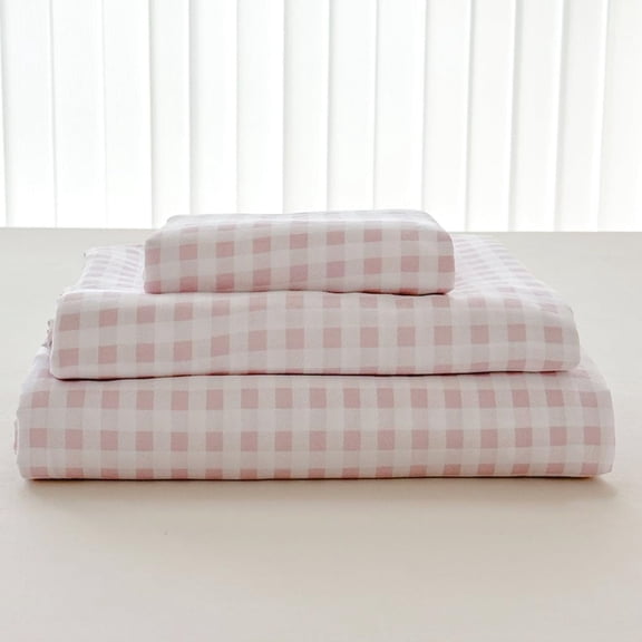 Pink Gingham Queen Sheet Set, Soft Brushed Microfiber Pink Plaid Queen Bed Sheets, 4-Pieces Pink Checked Sheet Set with Deep Pocket