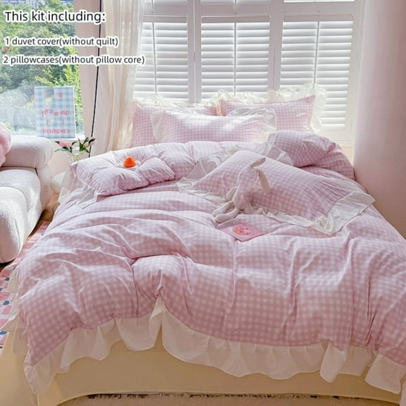 Pink Gingham Ruffle Duvet Cover Queen Size Comforter Cover Set Vintage Plaid Checkered Farmhouse Bedding Set 89"x89" 3 Pieces
