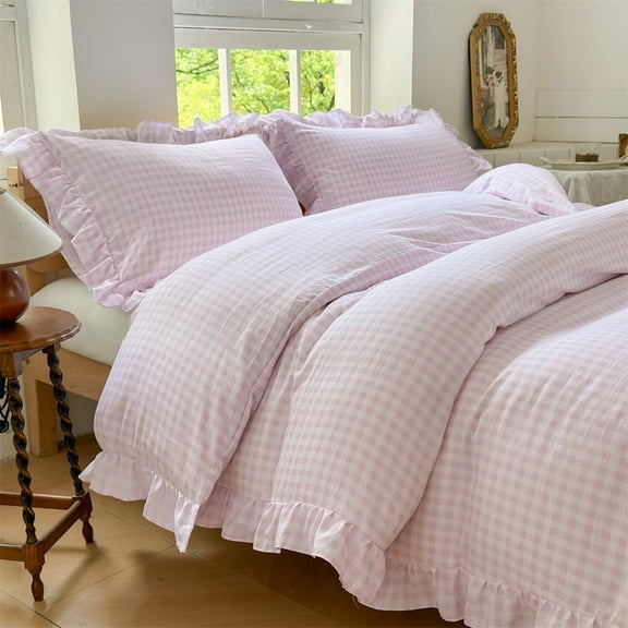 Pink Gingham Ruffle Duvet Cover Twin Size, 2 Pieces Soft Pre-Washed Microfiber Checked Plaid Comforter Cover Set, Vintage Farmhouse Bedding Set(Pink Gingham, Twin 68"x90")