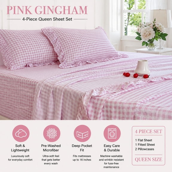 Pink Gingham Ruffle King Sheet Set, Soft Pre-Washed Microfiber Plaid Bed Sheets, 4-Piece Deep Pocket Farmhouse Bedding