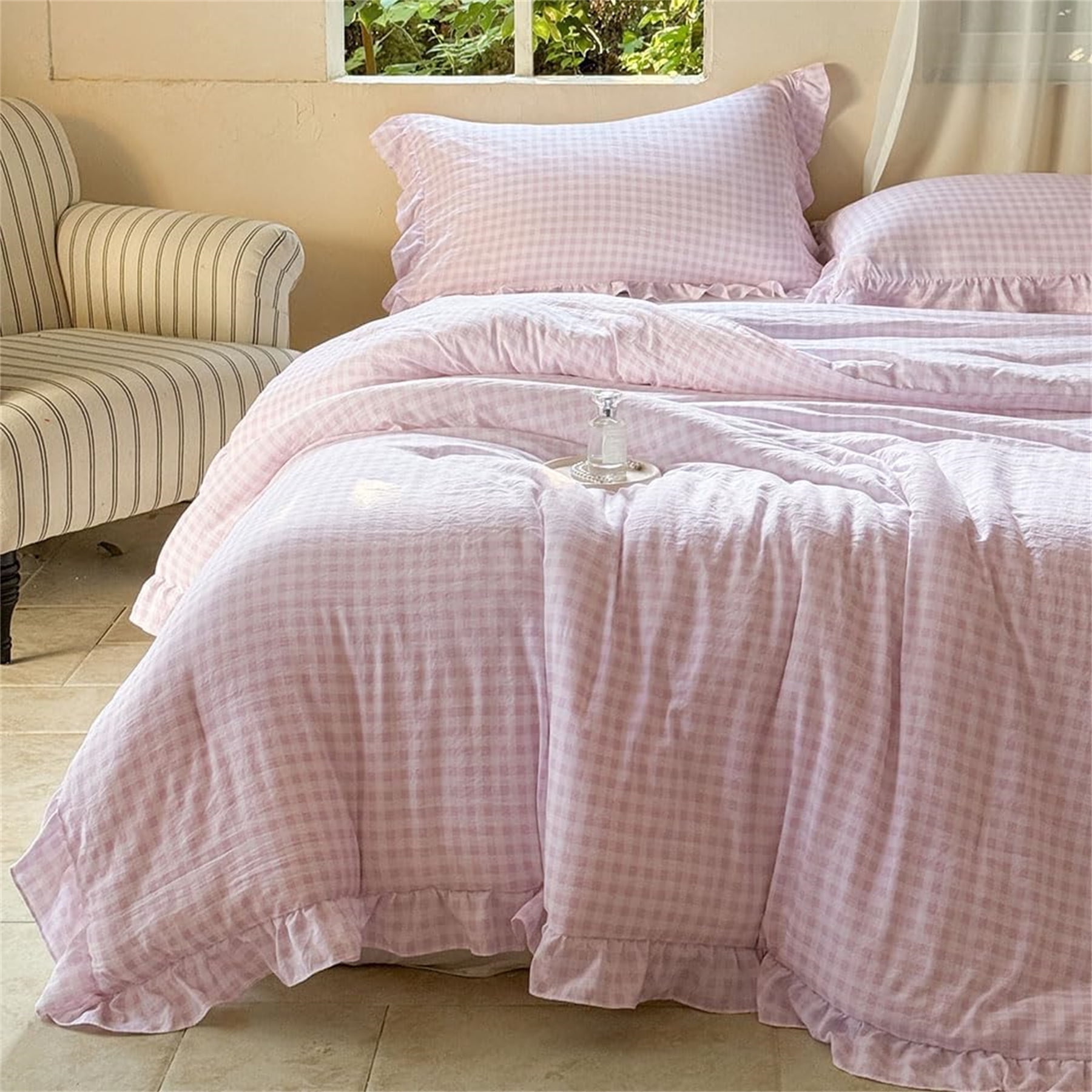 Queen Bed Frame Pink Comforter Pink Gingham Ruffle Queen Comforter Set, Pink Ruffled Plaid Bedding Set ...