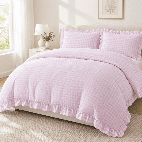 Pink Gingham Ruffle Queen Duvet Cover