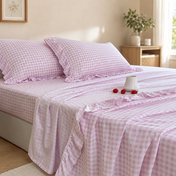 Pink Gingham Ruffle Twin Sheet Set, Lightweight Microfiber Plaid Twin Bed Sheets, 3-Piece Deep Pocket Farmhouse Bedding
