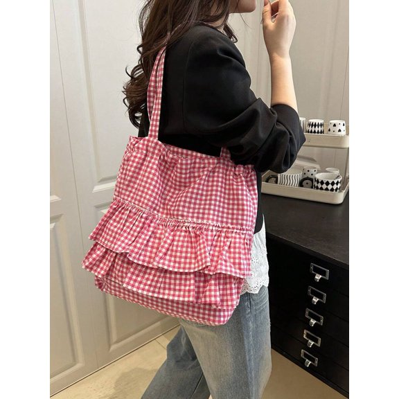 Pink Gingham Ruffled Hem Drawstring Tote Bag With Shoulder Strap
