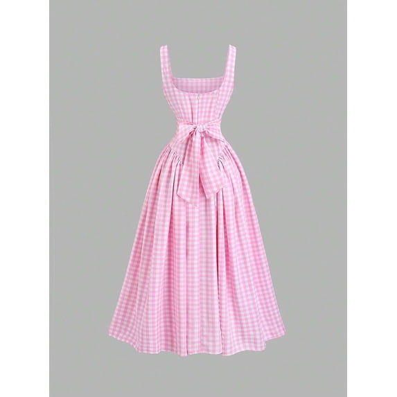 Pink Gingham Square Neck Flared Midi Dress With Bow Waist