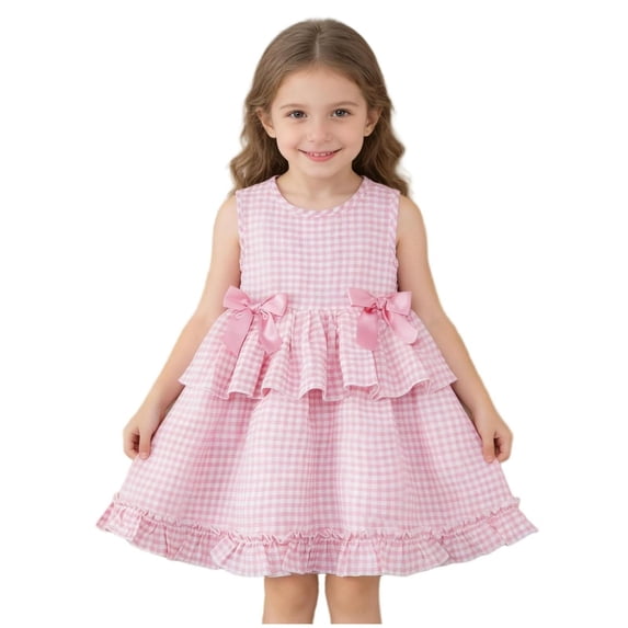 Pink Gingham Sundress for Girls 2-7 Years, Kids Sleeveless Play Dress with Tiered Ruffle Skirt & Waist Bows,Size 2-3 T