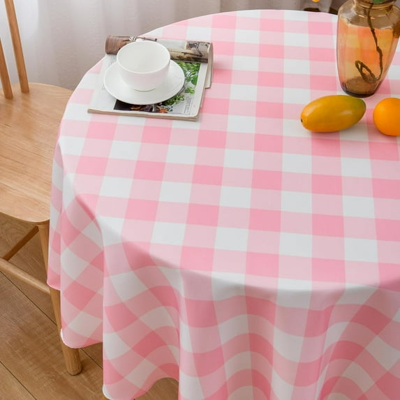 Pink Gingham Tablecloth 60" Round Tablecloth - Polyester Pink and White Checkered Plaid Table Cover Reusable Water Resistant for Spring Summer Holiday Picnic Dinner Table Decoration