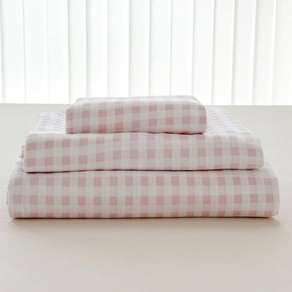 Pink Gingham Twin Sheet Set, Soft Brushed Microfiber Pink Plaid Twin Bed Sheets, 3-Pieces Pink Checked Sheet Set with Deep Pocket