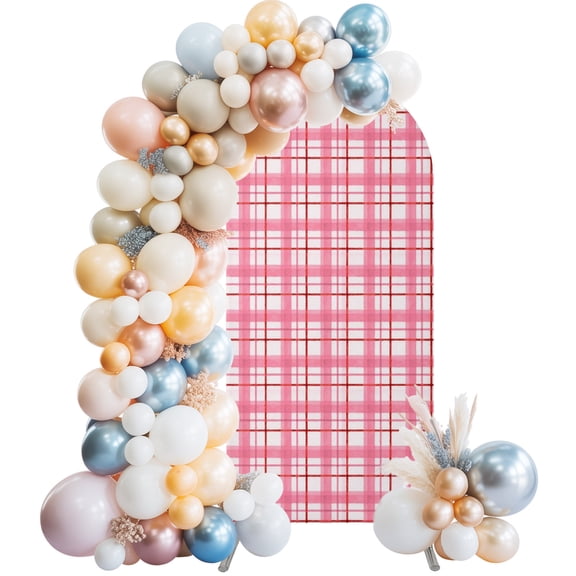 Pink Gingham Wedding Arch Cover 4FT Rose Grid Arch Backdrop Cover Round Top Chiara Backdrop Stand Covers for Party Birthday Ceremony Decor