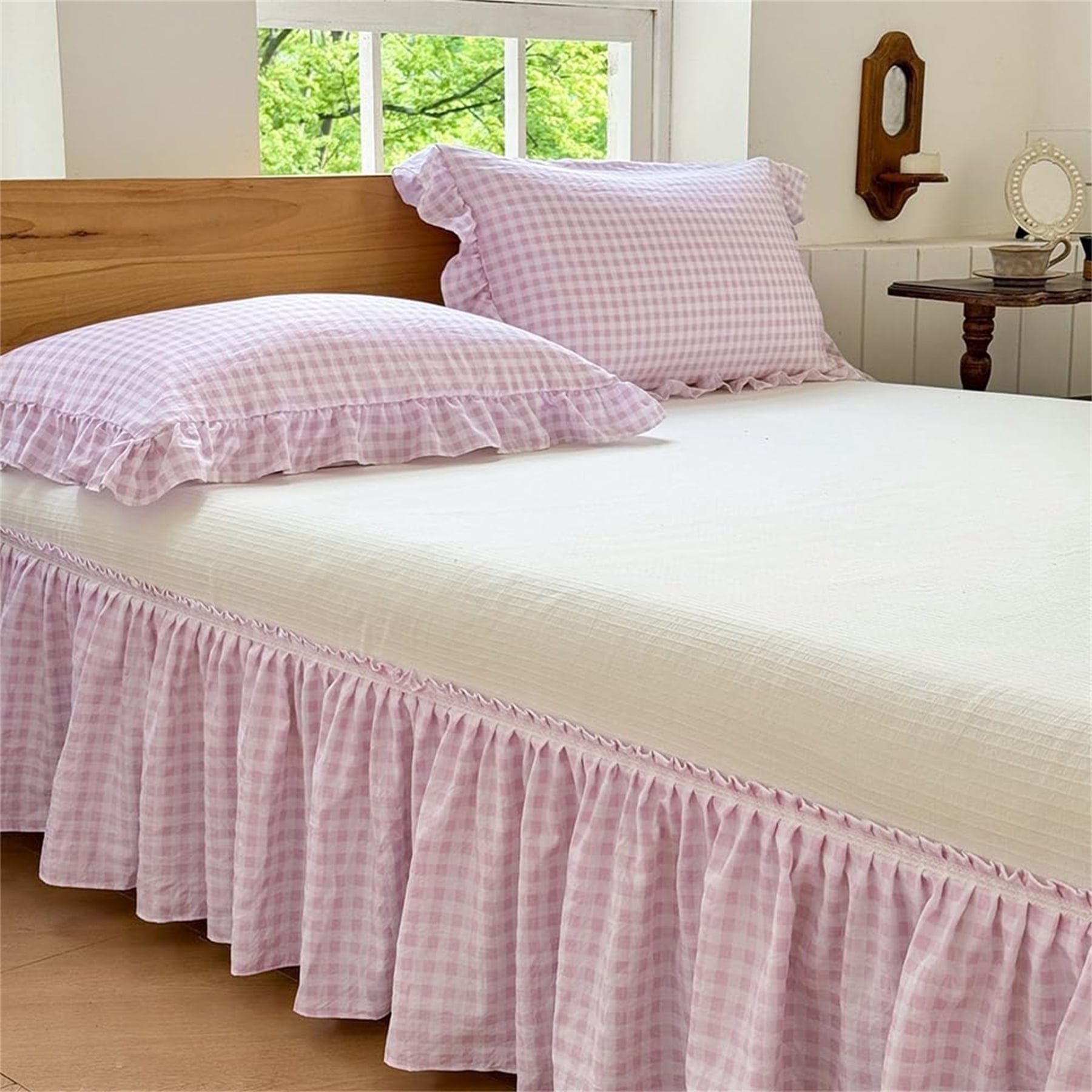 Lacy Dust Ruffle Pink Gingham Wrap Around Ruffled Bed Skirt with Lace Decor, Plaid Grid ...