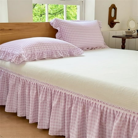 Pink Gingham Wrap Around Ruffled Bed Skirt with Lace Decor, Plaid Grid Adjustable Elastic Dust Ruffles for Queen Bed, 15 Inch Drop Farmhouse Cottage Pleated Bed Frame Cover(Pink Gingham, Queen)