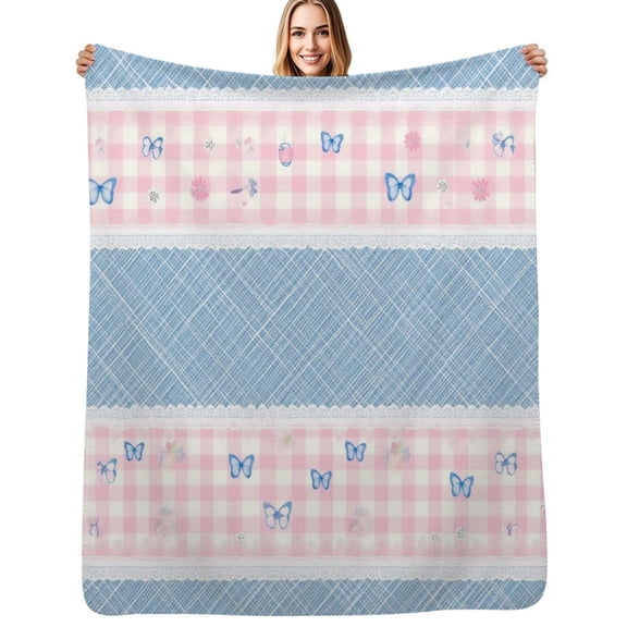 Pink Gingham and Blue Plaid Pattern Flannel Blanket Warm Soft Bedding Throws Winter Camping Chair Sofa Bed