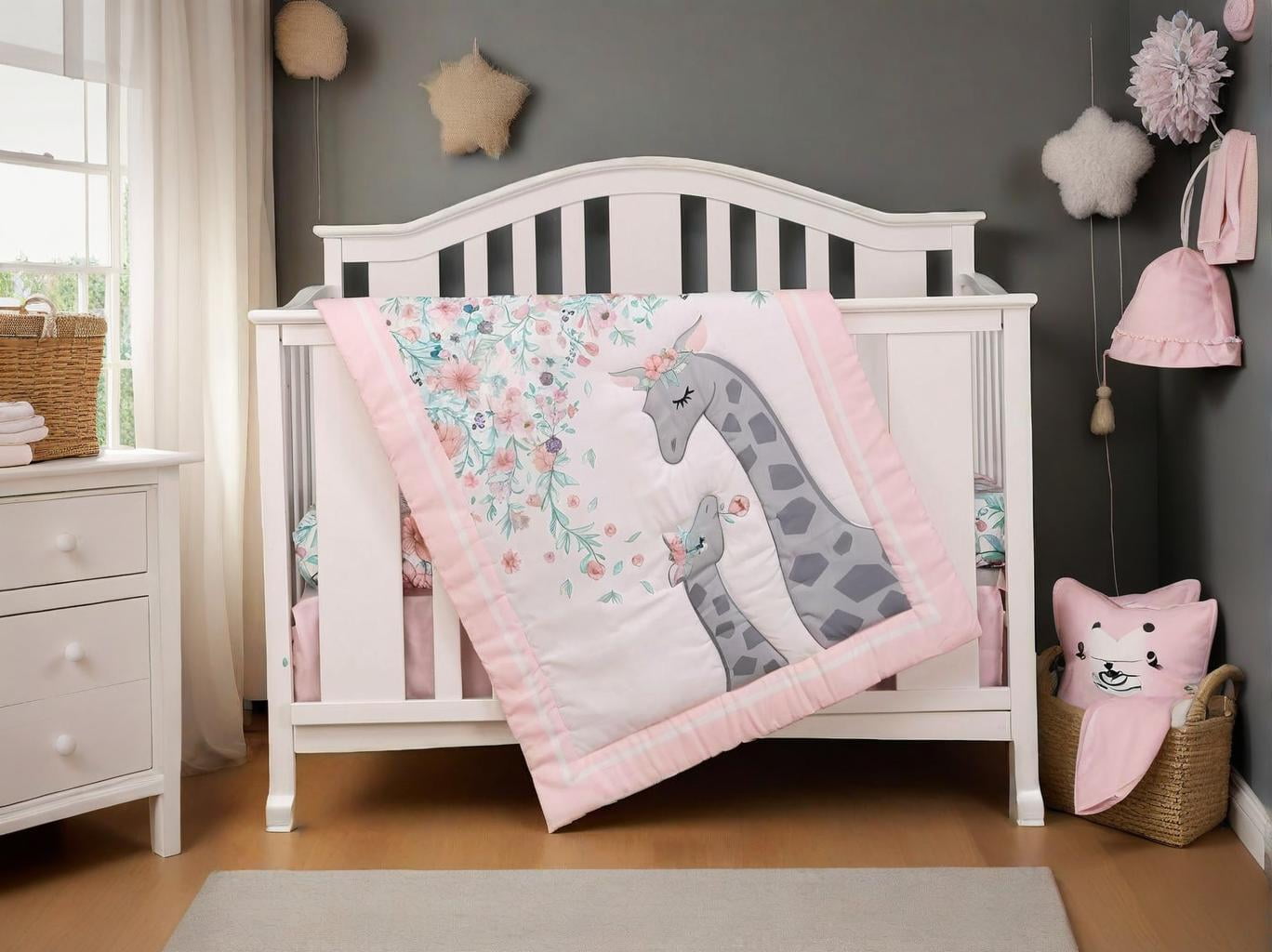 Pink Giraffe Piece Crib Bedding Set for Baby, Nursery Set by