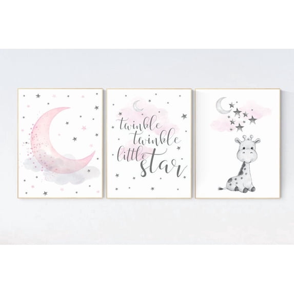 Pink Giraffe Moon And Stars Nursery Wall Art Prints, Nursery And ...